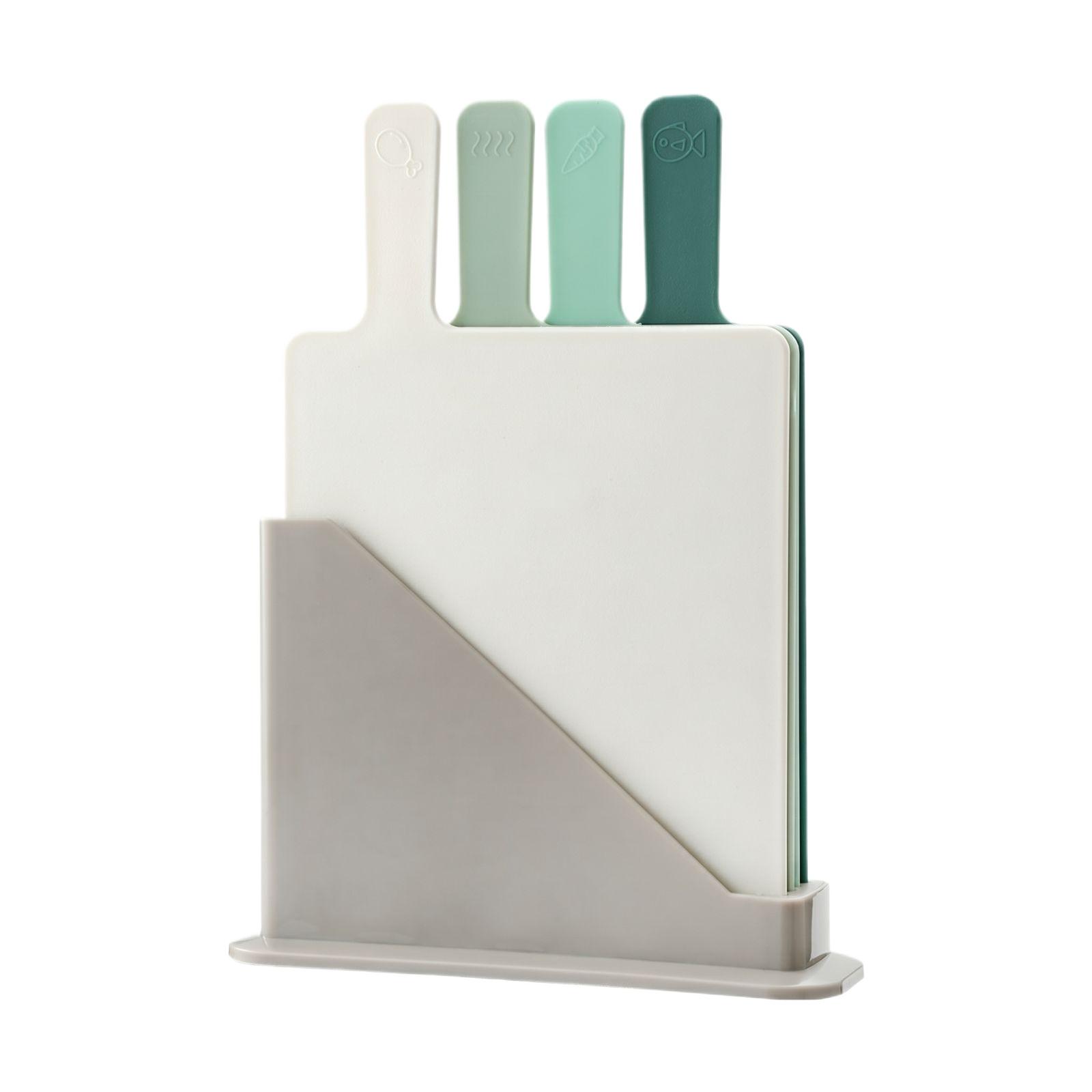 

Set of Four Double-Sided Plastic Cutting Boards with Stand for Kitchen Food Preparation Durable and Easy to Clean Multipurpose Chopping Boards One Size