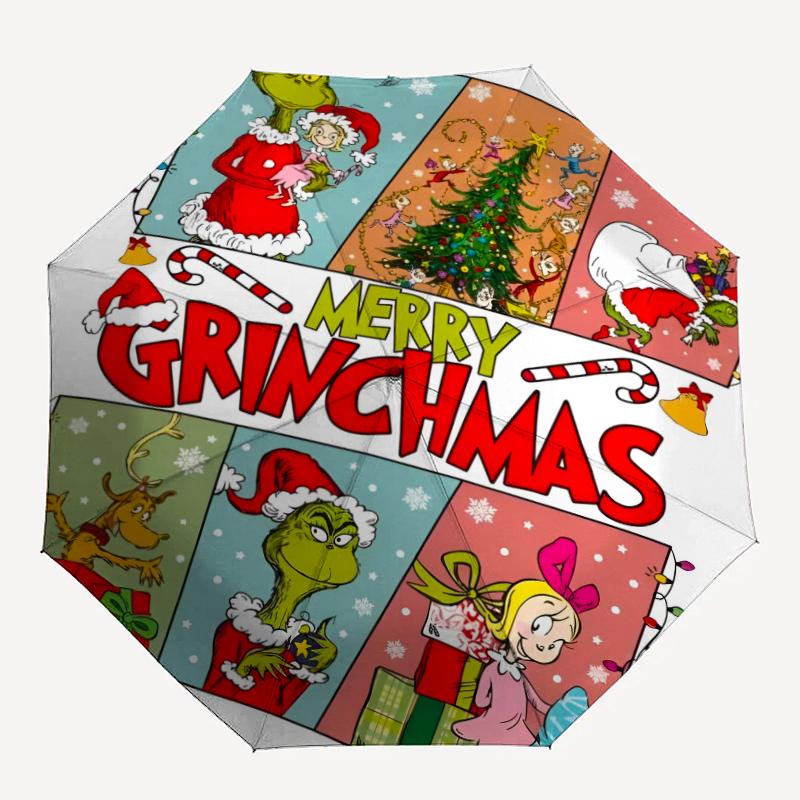 Umbrelă Automată cu Tematică Grinch, Ușoară și Portabilă, 8 Nervuri, Perfectă pentru Călătorii în Aer Liber, Zile de Naștere, Crăciun, Cadouri.