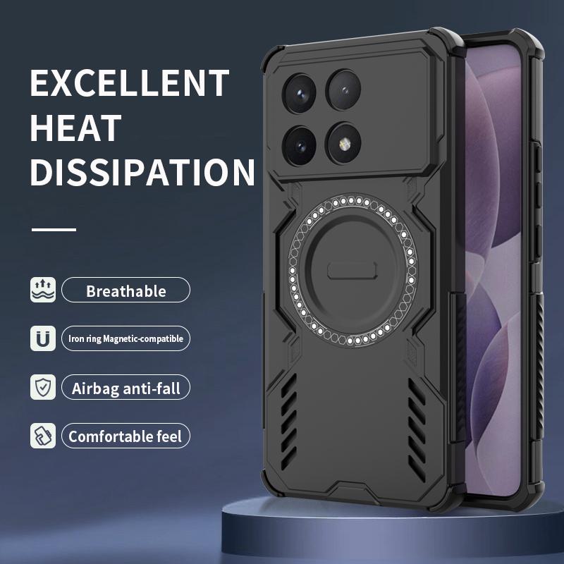For POCO F6 Pro Mecha Heat Dissipation Four Corners Air Cushion Anti-Drop Powerful Magnetic Non-Charging Phone Case