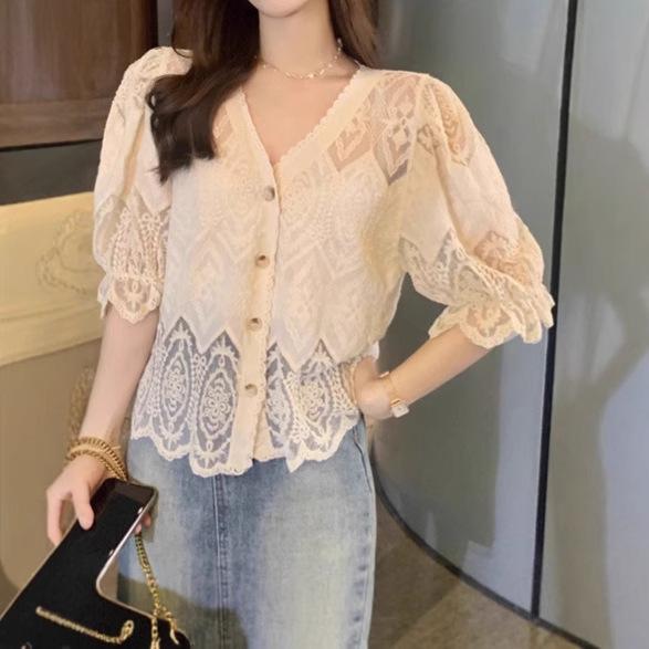 Women's French V-Neck Crochet Knit Cardigan - Chic Summer Fashion, Slimming Loose Fit, Versatile Top