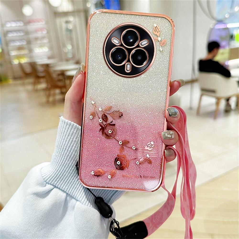KADEM For Realme 14 Pro 5G Case Flower Pattern TPU Gradient Phone Cover with Lanyards
