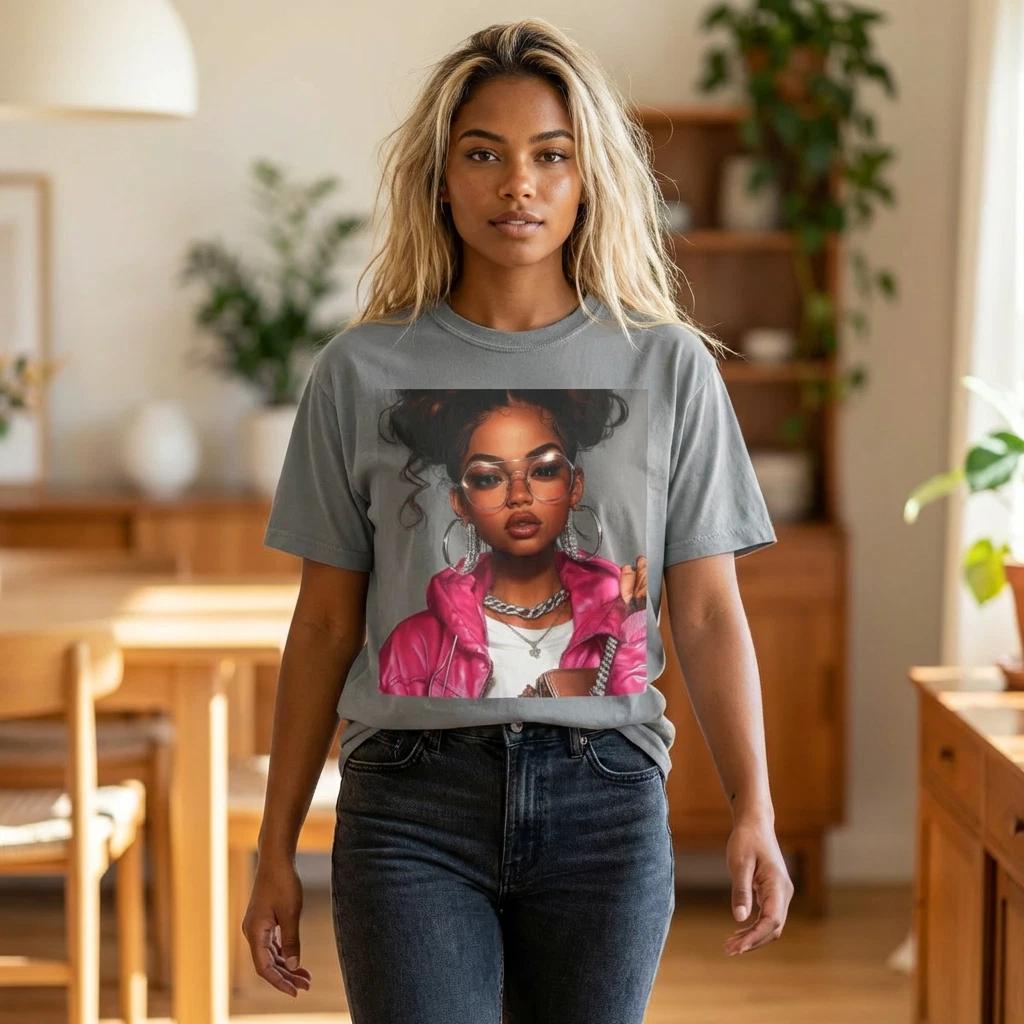 Stylish Urban Woman Portrait T-Shirt | Pink Jacket Graphic L