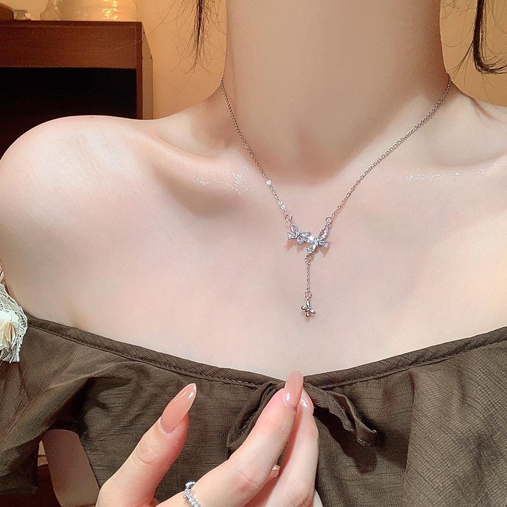 Fashion Jewelry Necklace Cubic Zirconia Sparkling Cubic Zirconia Necklace Butterfly Pendant Necklace Color-Retaining For Parties