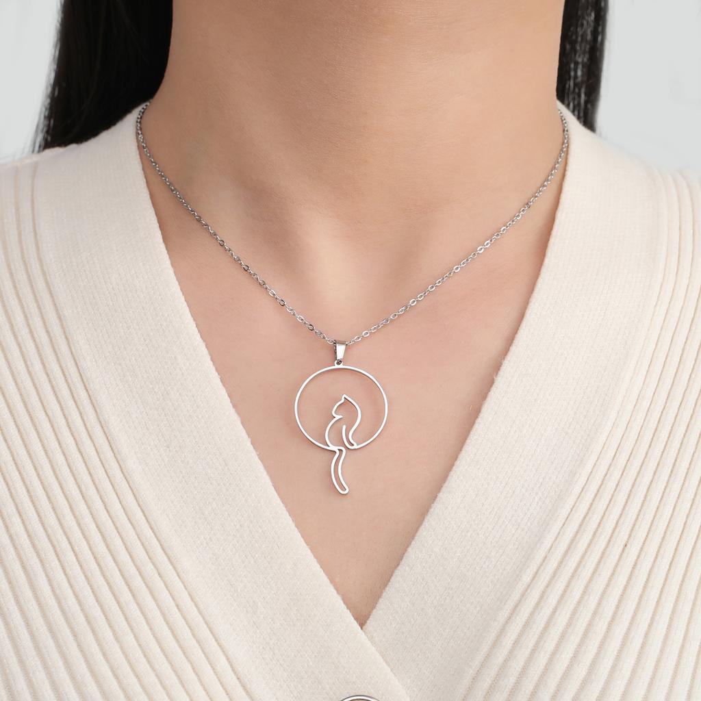 Cat Moon Necklace for Women Round Pendant Hollow Charm Stainless Steel Jewelry on the Neck Cute Gift Accessories 2026 Trend New