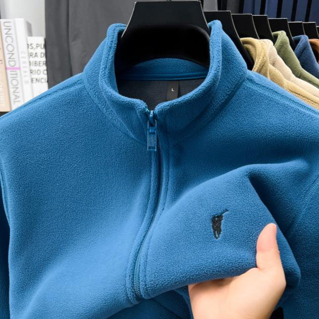 Men's Double-Sided Berber Fleece Stand Collar Jacket with Embroidery – Classic American Style