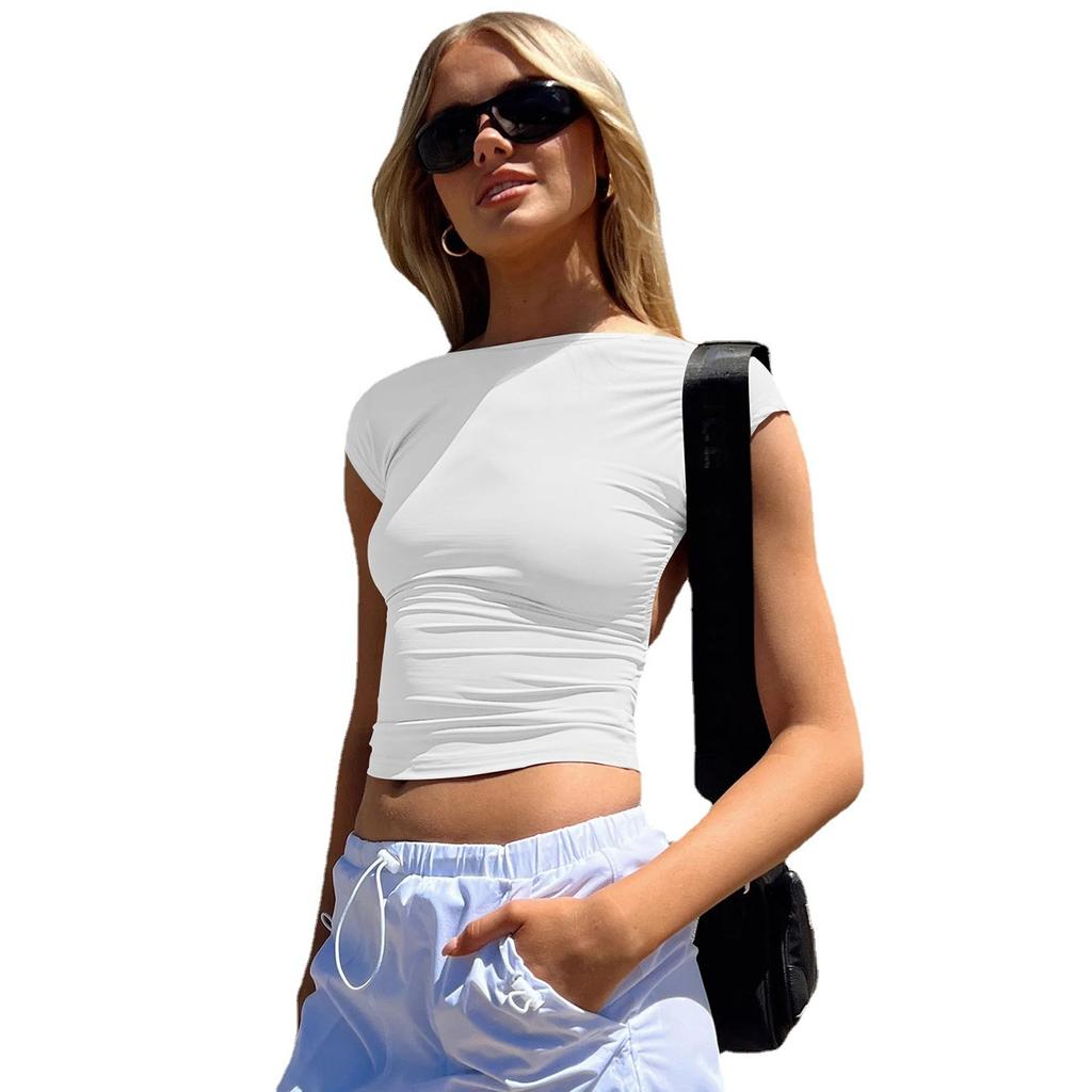 T-shirt donna senza schienale manica corta blu Y2K crop top