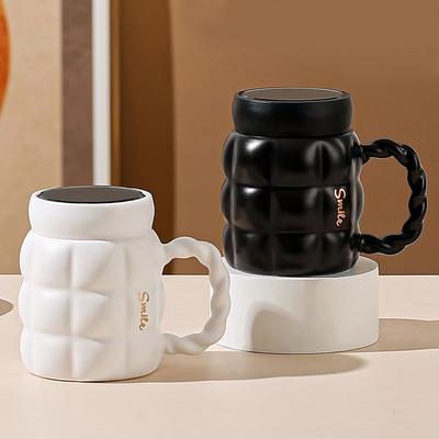 Keramiktasse mit Deckel, Heim- und Büro-Kaffeetasse für Paare, hochwertiger schwarz-weißer Spiegeldeckel-Wasserbecher