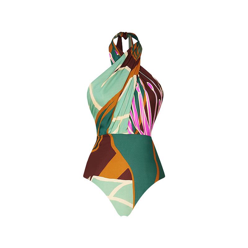 2024 Women's Halterneck Print Multi-Wear One-Piece Swimsuit - Stylish European & American Design