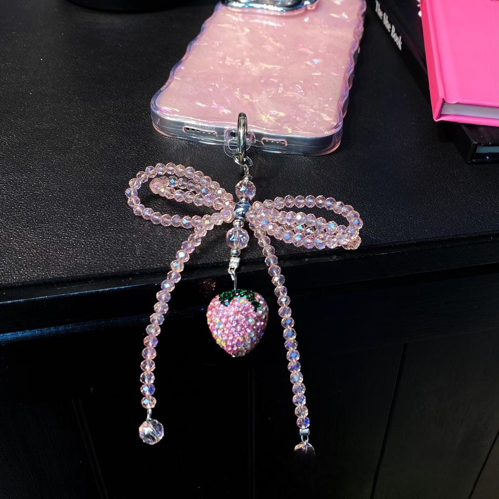 Phone Pendant Crystal Bowknot Rhinestone Strawberry Pendant Bag Pendant Car Keychain High-end Hanging Chain