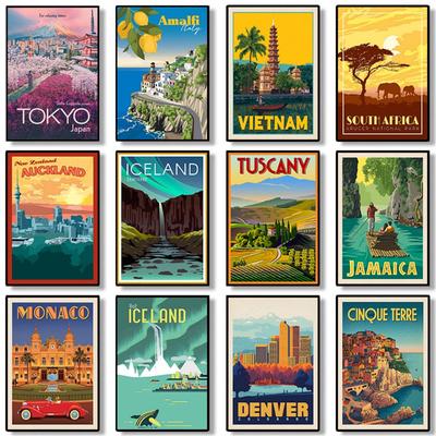 Póster e impresiones de lienzo de paisajes de ciudades de viajes vintage de Tokio, Mónaco, Sudáfrica, Islandia, arte de pared, imagen para decoración del hogar