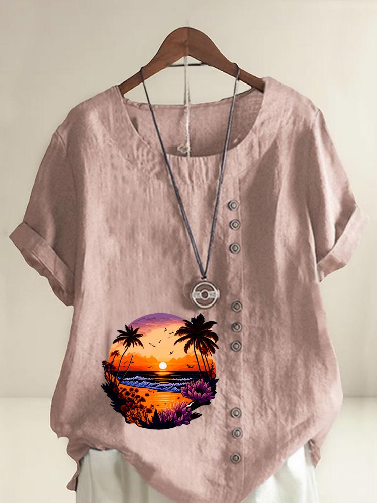 

Women s Fashion Landscape Pattern Printing Shot Sleeve T-shirt Loose Cotton Shirt Casual Loose Summer Plus Size Blouse Tops S