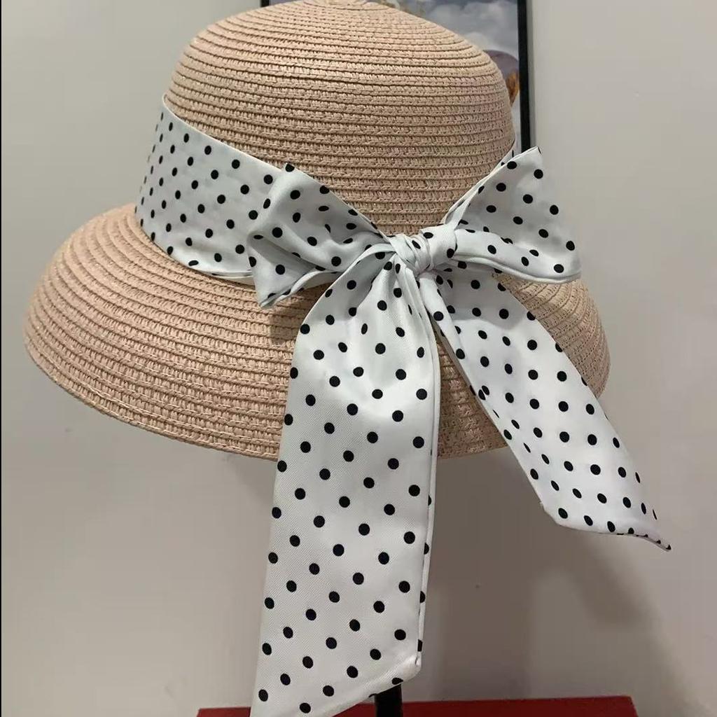 French Polka Dot Face Small Sunshade Straw Hat Women's Spring and Summer Fashion Versatile Sunscreen Bucket Hat Seaside Vacation Self-operated