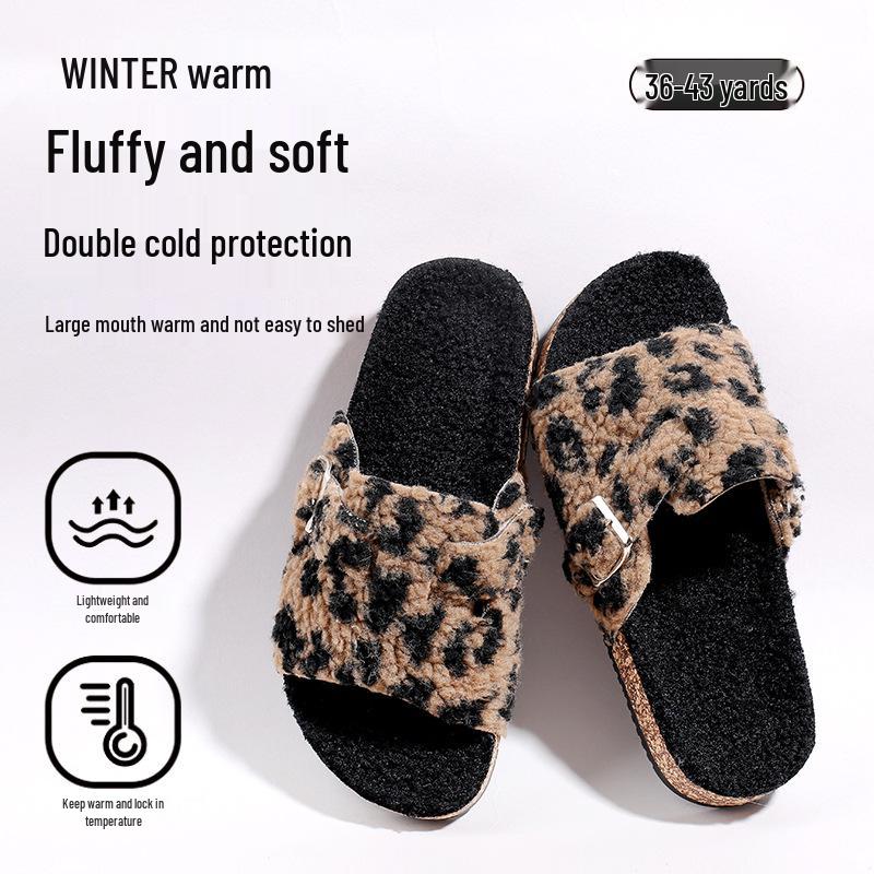 Women's Fuzzy Leopard Print Slippers, Cross Strap, Suede, Indoor/Outdoor, Autumn/Winter 2025.