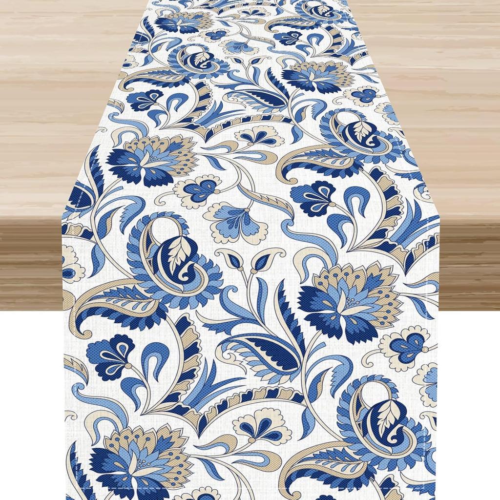 Summer Blue Floral Swirled Pattern Linen Table Runner Dresser Scarf Table Decor Vintage Farmhouse Table Runners Home Party Decor