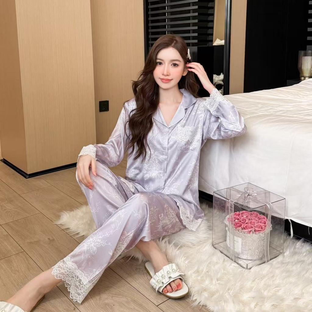 New French printed satin chiffon ice silk pajamas women's new Chinese spring and summer lace splicing set loungewear