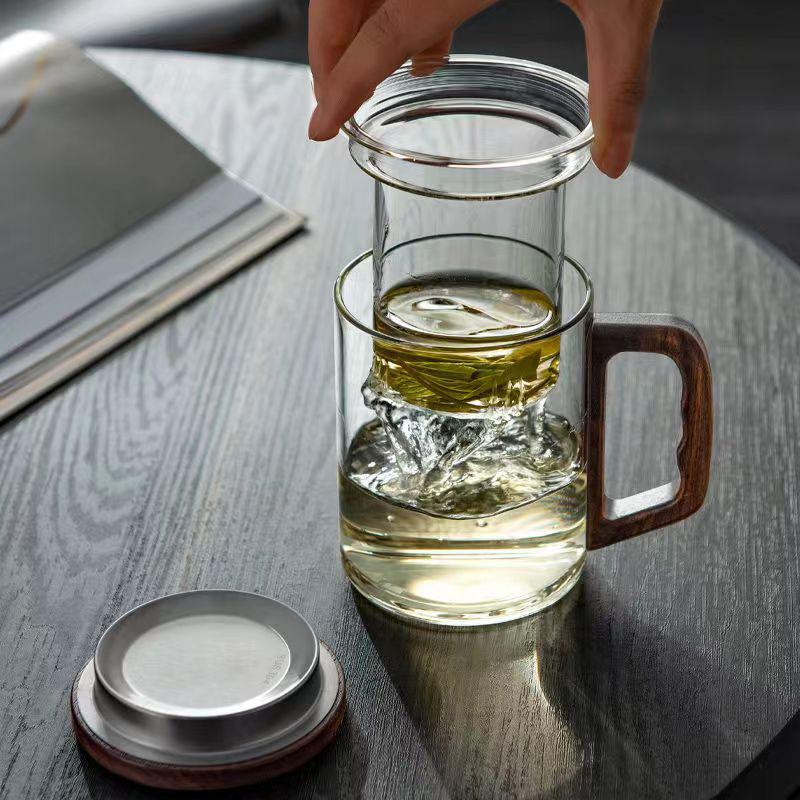 400ml Walnoot Houten Handvat Glazen Theekop Met Thee-infuser Filter Bloemthee Water Scheiding Geurige Thee Mok Drinkgerei