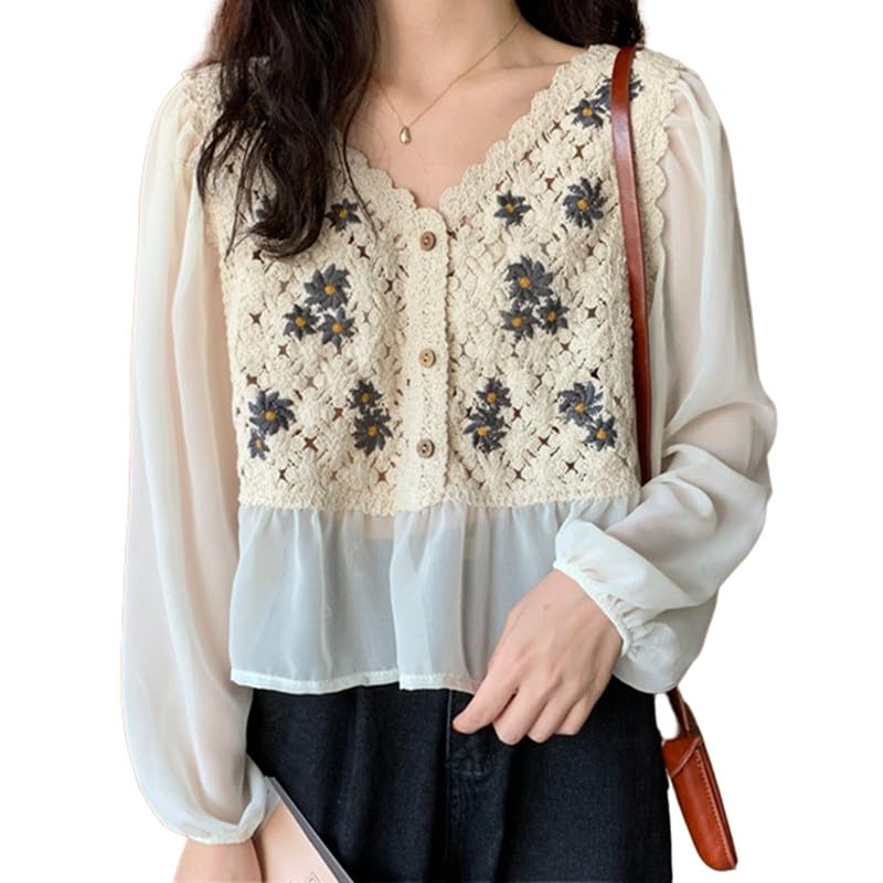

SARADEMUNT Рубашка с коротким рукавом с вышивкой и контрастным длинным свободным милым женским кардиганом в стиле ретро, Стежки, Рукава, Посадка, Прозрачный V-образный вырез,