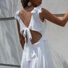 Damen-Sommerkleid, weiß, V-Ausschnitt, sexy, rückenfrei, einfarbig, ärmellos, All-Match-Kleid mit Schleife und Schlitz, S-XL