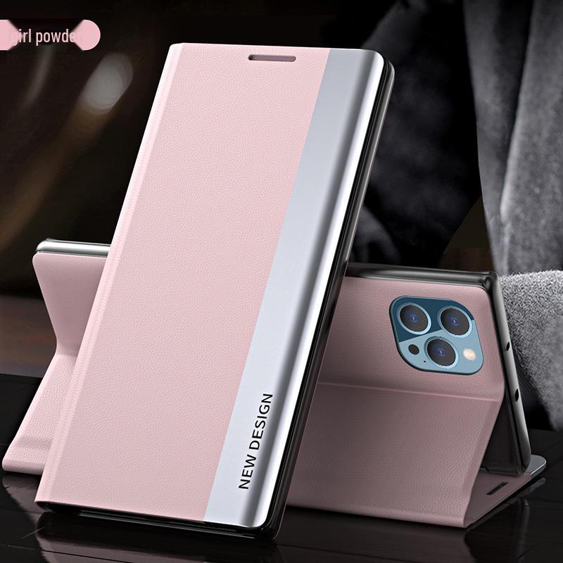 iPhone 15 Pro Max Electroplated Bracket Flip Case with Side Window and Magnetic Leather Cover