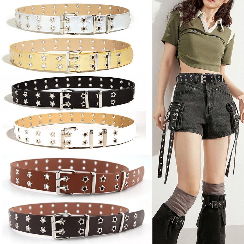 Star Eyelet Gothic Leather Belt Hip Hop Double Pin Buckle Waistband Y2k Waist Band