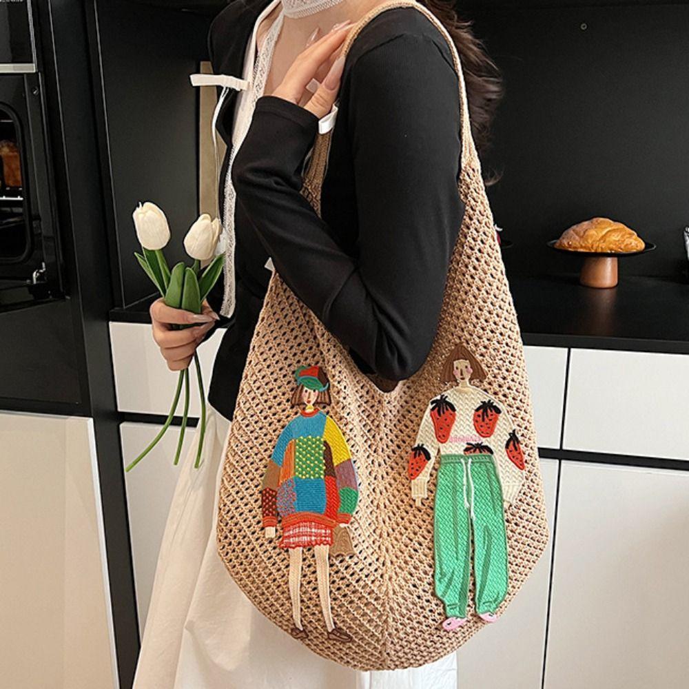 

Sweet Knitted Tote Bag Bohemian Style Crochet Beach Bag Trendy Weave Shoulder Bag Holiday білий
