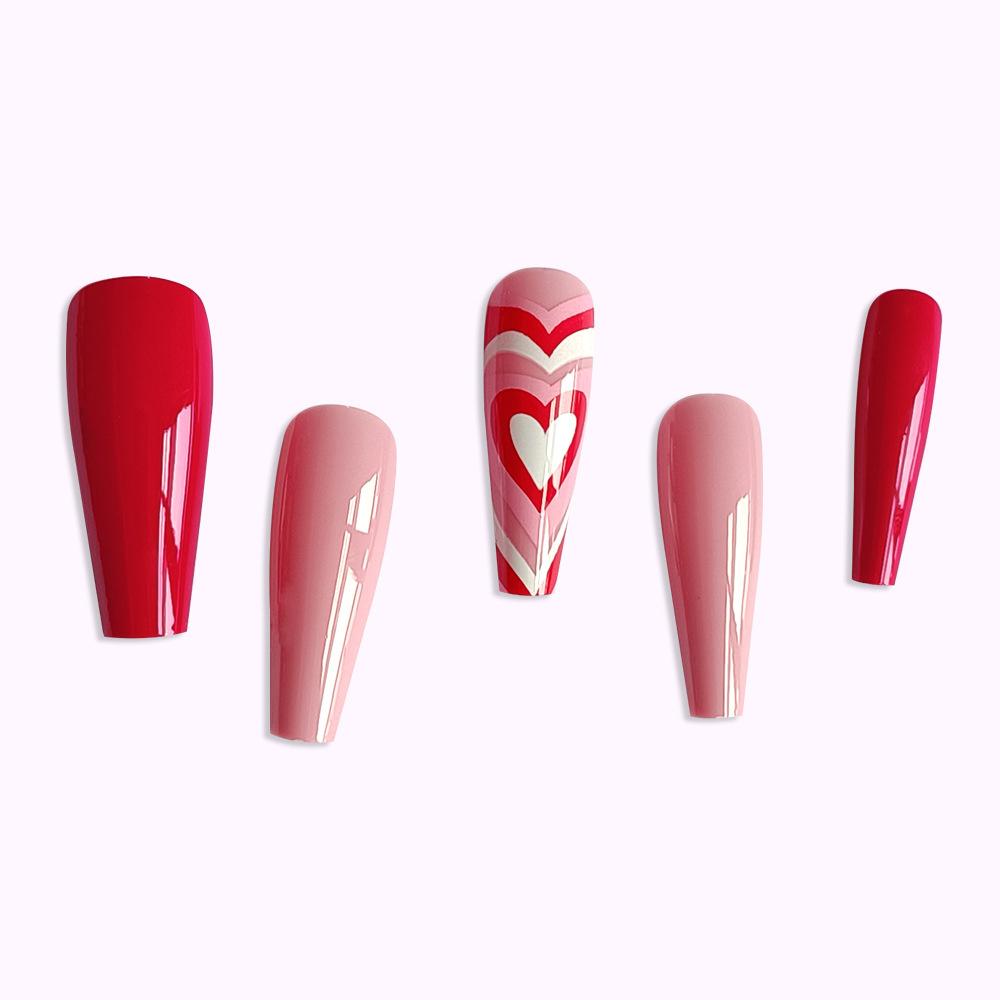 Pink Red Heart Artificial Nails Sweet & Charming Reusable False Nails for Home DIY Manicure Use