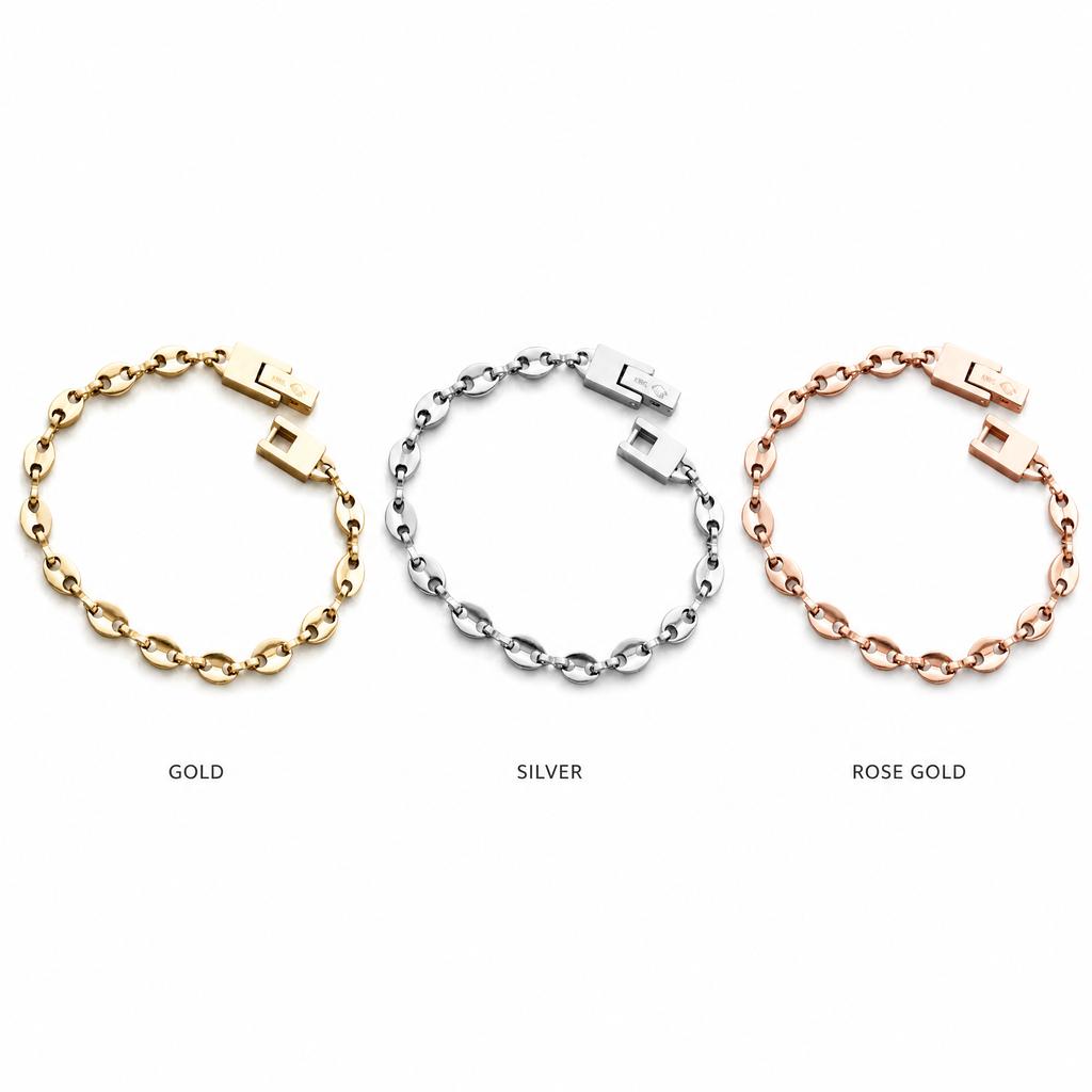 Bracciale da Uomo Donna in Acciaio Inossidabile Maglia Mariner Gonfia Placcato Oro 18K Senza Appannamento Ipoallergenico Catena a Maglie Ovali ad Ancora