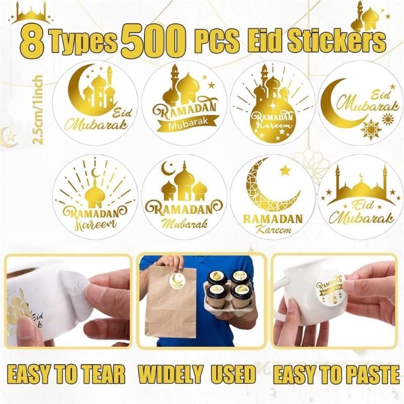 500 Pcs Round Sticker Eid Mubarak Seal Labels Festival Decorative Sticker Self-Adhesive Labels Sticker Party Supplies