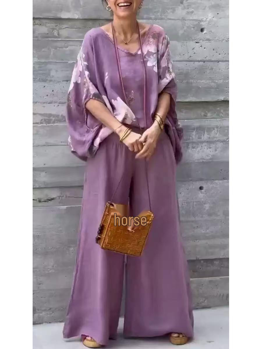 

Жіночий повсякденний костюм з принтом: топ з V-подібним вирізом з бавовни та льону та довгі штани, 2025 M фіолетовий