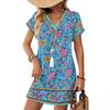 Women's Fashionable Floral Print V-neck Short Sleeved Pocket Casual Pullover Dress