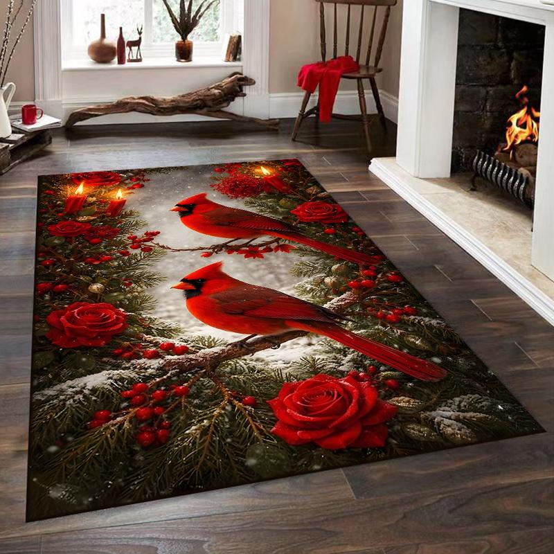 Cardinals and Roses Winter Theme Rug Non-slip rug suitable for living room and bedroom sofas