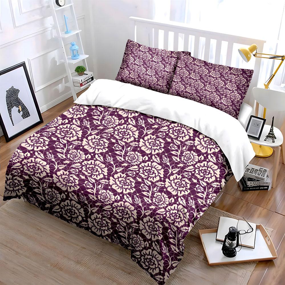 Purple Background With White Rose Print Bedding Set For Kids Luxury Gift 3Pcs Digital Print Comforter Set Soft Comfortable