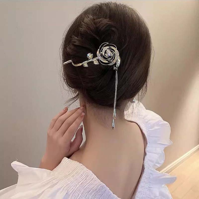 Fashion Rhinestone Flower Tassel Hair Clips Elegant Women's Rose Twist Clips Ponytail Clip One Word Clip Headwear Accessories