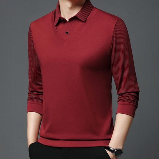 Men Fall Winter Top Fake Two-piece Pluish Lined Turn-down Collar Formal Business Style Shirt Mid-aged Men Father Office Work Clothes