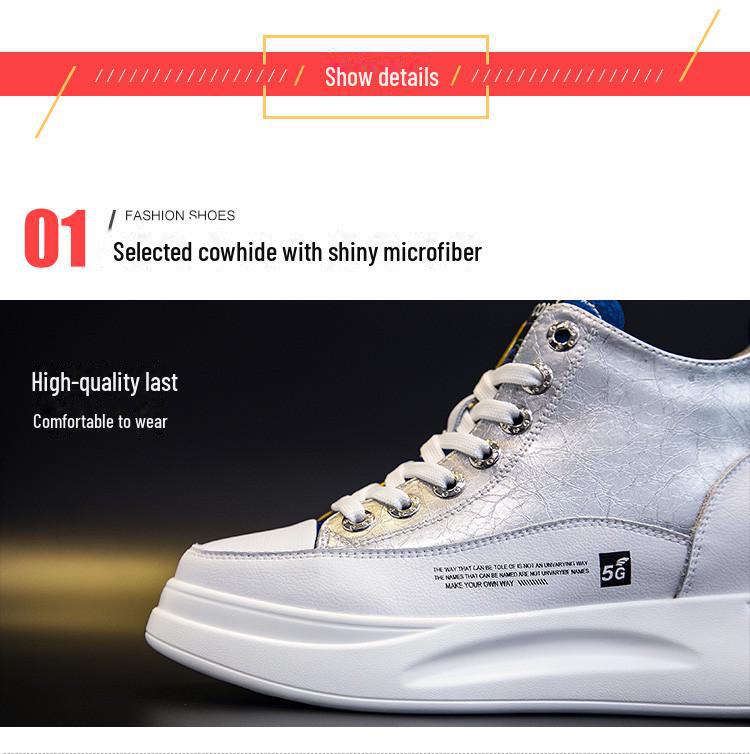 2025 Women's White High-Top Sneakers: Spring/Autumn Trendy Platform, Genuine Leather, Color-Matching, Height-Enhancing Design