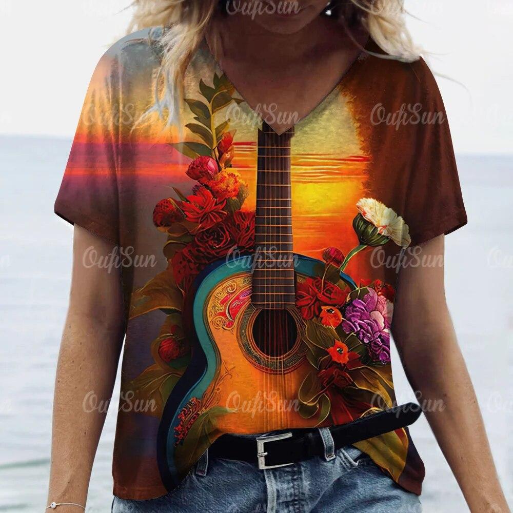Aesthetic V Neck Women T-Shirts Guitar Graphic Fashion Short Sleeve Harajuku Y2k Floral Tops Oversized Casual Tee Female Clothes