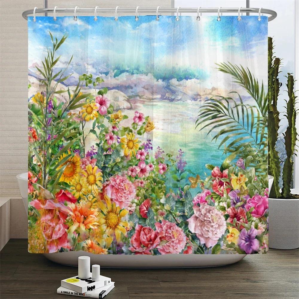 Retro Blooming Flowers Shower Curtains Bathroom Curtains Waterproof Polyester Bath Curtain with 12 Hooks Shower Curtain