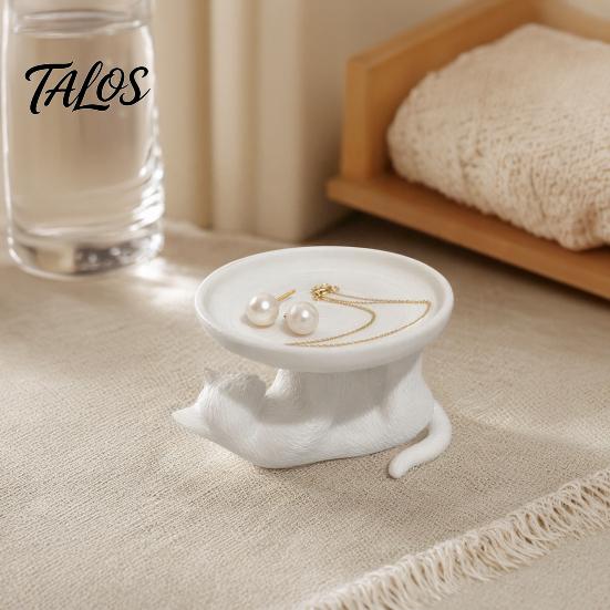 Talos 3D Printed Reclining Cat Jewelry Tray, Cute Ring Holder & Earring Organizer Dish for Dresser Vanity, Decorative Kitten Trinket Bracelets