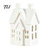 Desktop Artistic Ornament Ceramic House Shape Candle Holder, White Hollow Tea Light Holder Indoor Tabletop Holiday Decor Ornament, Miniature Figurine