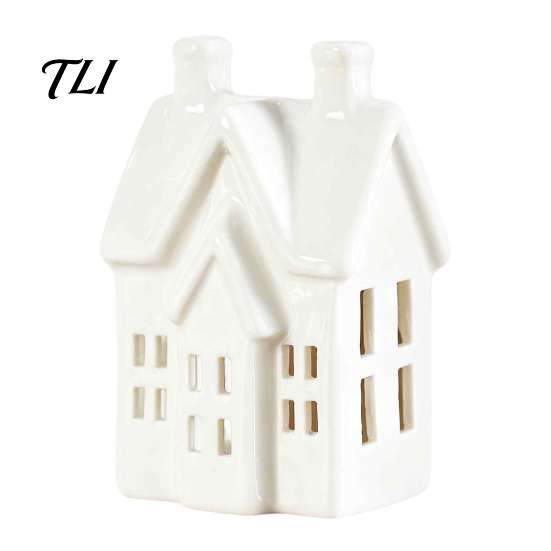 Desktop Artistic Ornament Ceramic House Shape Candle Holder, White Hollow Tea Light Holder Indoor Tabletop Holiday Decor Ornament, Miniature Figurine