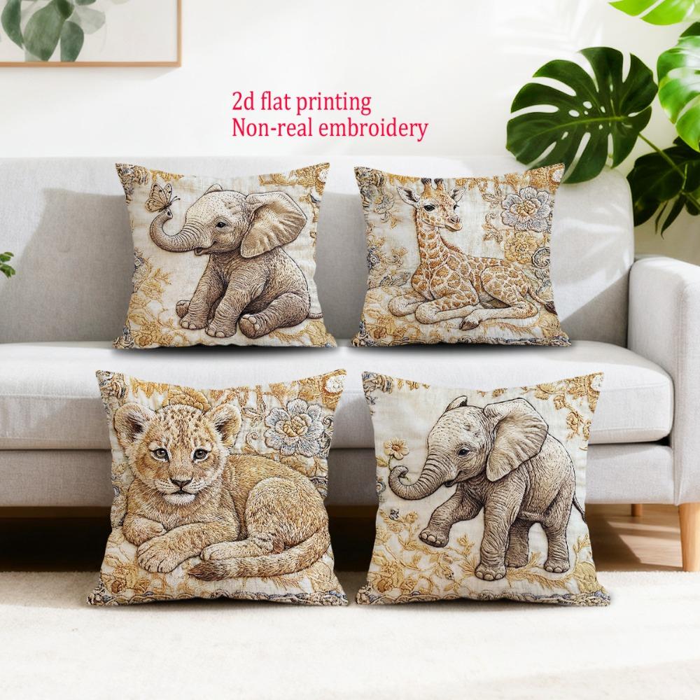 1/4pcs Vintage Safari Baby Animals Throw Pillow Covers Cute Elephant Giraffe Lion Cub Decorative Cushion Cases