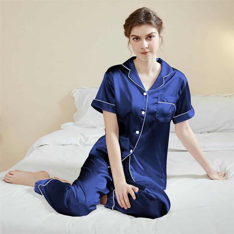 Improved pajamas women's summer solid color simple short-sleeved trousers casual women's lapel loungewear set