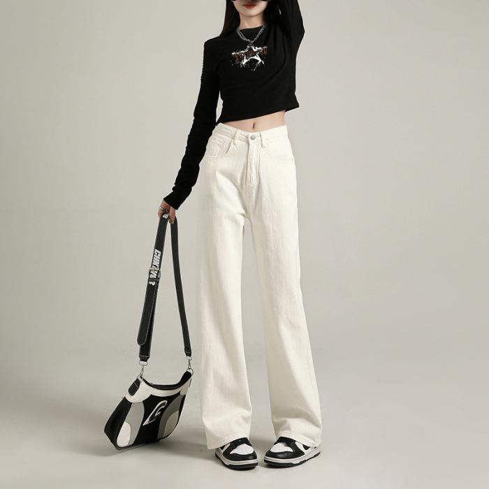 On-white Jeans Narrow Version Straight-leg Pants for Women's Spring and Autumn New High-waist Slimming Loose Wide-leg Pants