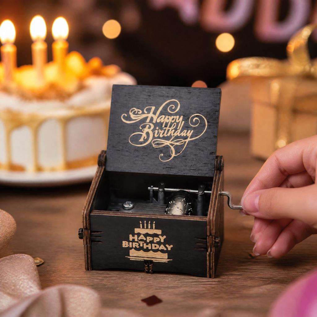 Wooden Hand Crank Music Box with Happy Birthday - Vintage Carved Music Box for Birthday Gift Decor