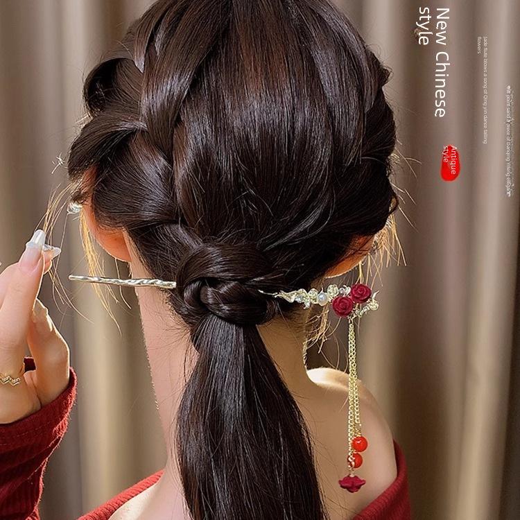 Haarnadel mit roter Blume und Quaste im chinesischen Stil für Damen
