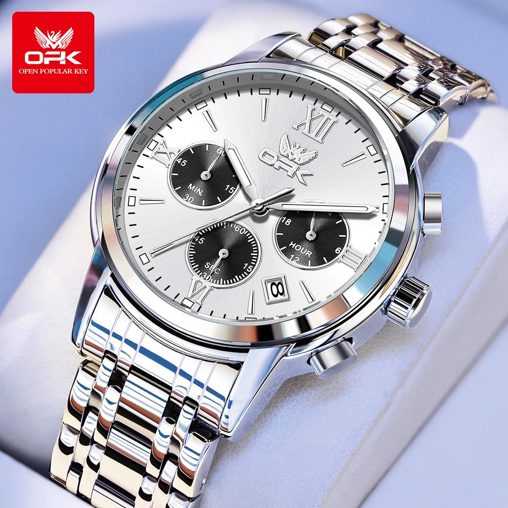 OPK 6047 Men's Watches Classic Chronograph Quartz Wrist Watches for Man Steel Strap Waterproof Luminous Auto Date Hand Clocks
