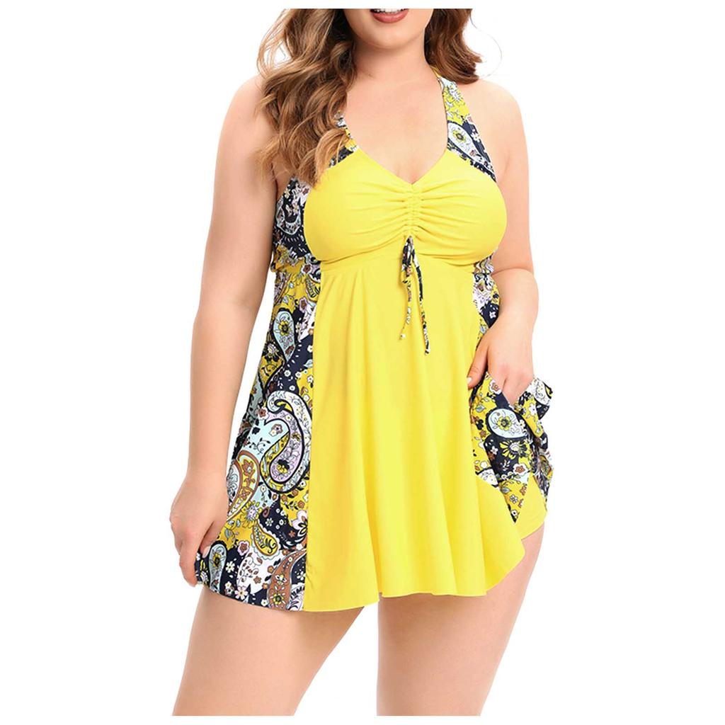 Women's Plus Size Split Drawstring Skirt Swimming Costume With Bra Pad And No Steel Bra