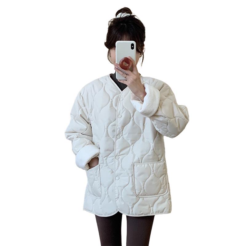 Bomullsjacka för dam i koreansk stil med diamantmönster, kraglös - Kort, sömlös, lättviktig för höst & vinter