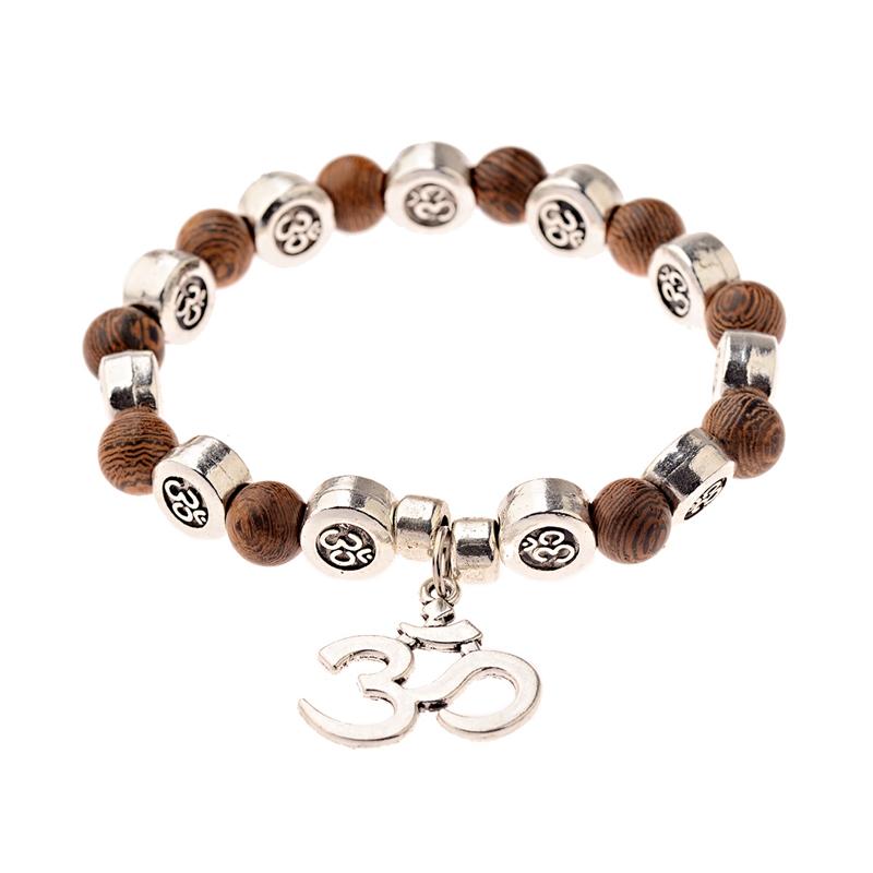 Natural Wood Beads Bracelet Women Men Yoga Meditation Prayer Om Pendant Wooden Jewelry Classic Sliver