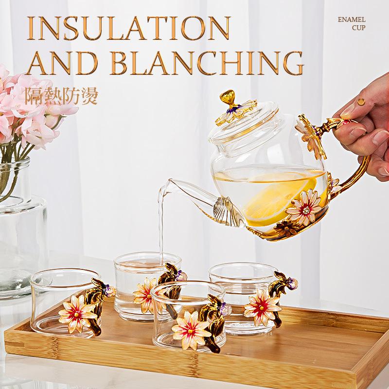 Krásná smaltovaná křišťálová čajová souprava sedmikráska Skleněná konvice na horké a studené nápoje Domácí nápojové sklo Kancelářská konvice Čajová souprava Kávová konvice